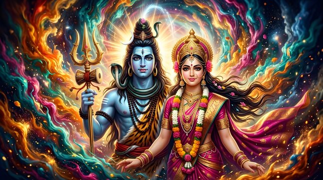 Lord Shiva and Goddess Parvati divine portrait with cosmic nebula background