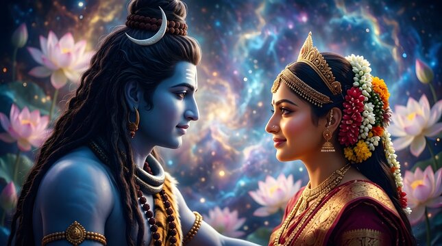 Lord Shiva and Goddess Parvati Face to Face Amidst Cosmic Lotus Flowers