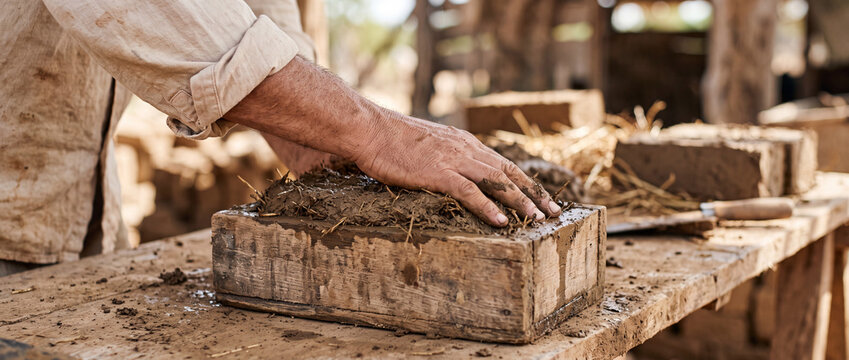 Handmade adobe bricks being molded by skilled hands in a traditional rural workshop