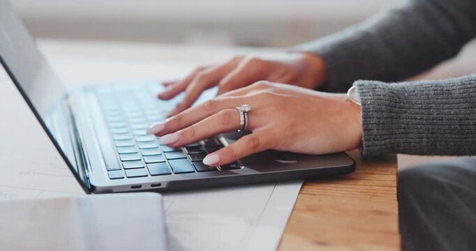 Hands, architect and typing in office with laptop, research and permit application for architecture. Woman, email and blueprint in workplace with tech, client proposal and cost survey for development
