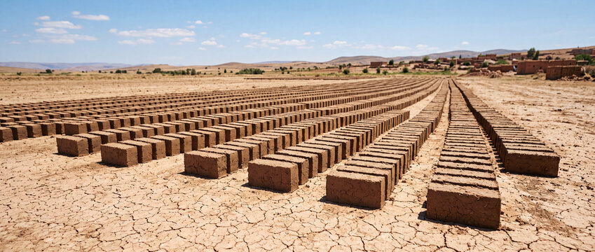 Rows of sun-dried adobe bricks lined up on cracked earth near a rural village
