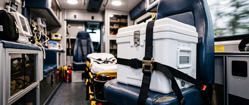 Emergency medical cooler secured in ambulance interior with stretcher and paramedic equipment