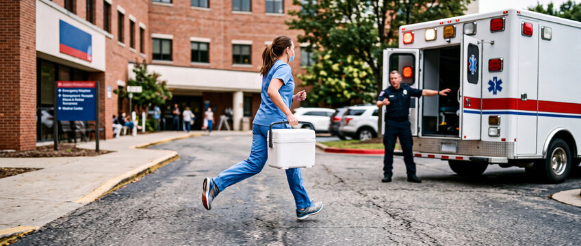 Nurse running with medical cooler to ambulance outside hospital emergency entrance for urgent transport