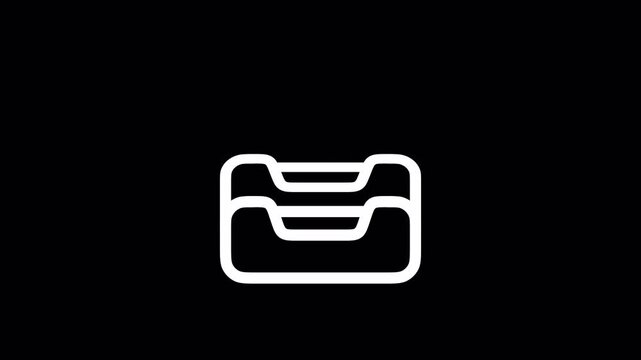 Minimalist white inbox icon animation on black background, digital document tray motion graphic, office organization and email management symbol on alpha channel