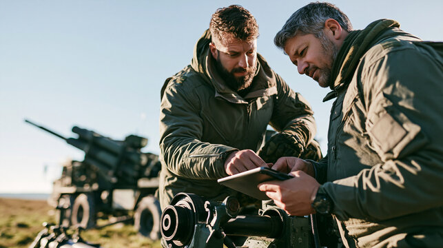 Premium commercial stock photography of technicians reviewing data on tablet beside testing equipment at open field testing ground, bright natural light, defense industry concept,