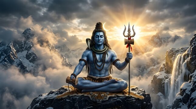 Lord Shiva meditating on Himalayan mountain peak with trishula and divine light