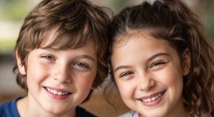 Fototapeta premium Siblings smiling together showcasing playful bond and joy, mischievous siblings sharing laughter and happiness in a natural setting.
