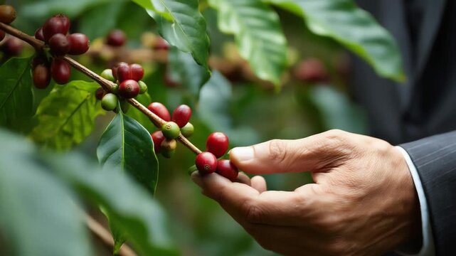 Harvesting Coffee Cherries: A close-up shot shows a man in a suit carefully picking ripe coffee cherries from a branch, signifying quality and dedication in coffee cultivation.