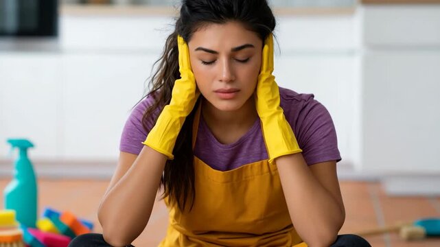 Tired woman taking a break from cleaning at home holding her head with yellow rubber gloves for household fatigue and domestic chores background