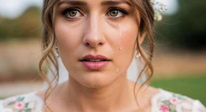 Nervous bride with tears on face expressing emotions at wedding ceremony, capturing feelings of anxiety and vulnerability in important moment.