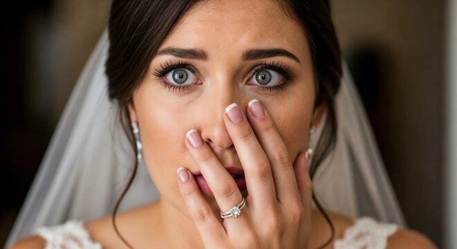 Nervous bride covering her mouth with hands before wedding ceremony. Emotions of a nervous bride captured, expressing anxiety and surprise.