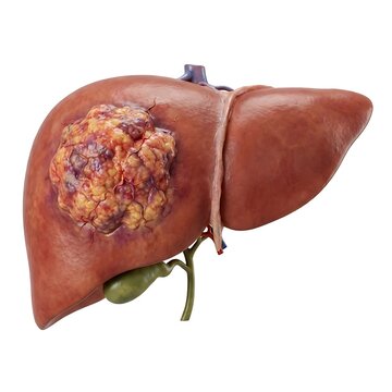 Pathological liver model with tumor lesion and gallbladder visible, pathology