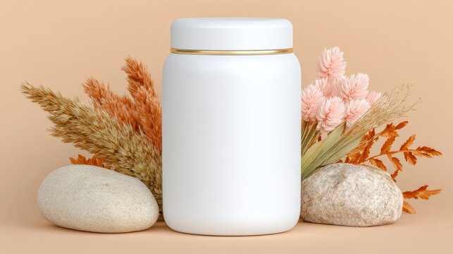 This is a minimalist product mockup: a plain white sealed jar sits at the center, flanked by two smooth pebbles, with dried pampas grass, preserved pink florals and foliage arranged behind it