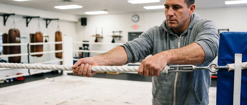 Boxing trainer adjusting ring rope in empty gym ring preparing for training session