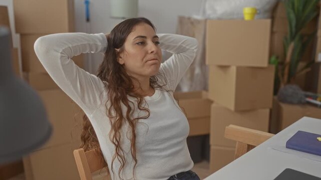 Woman stretching hands behind head while seated among stacked moving boxes, chair and plant in a new apartment; relief settling.