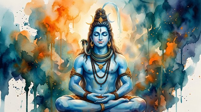 Lord Shiva sitting in meditation with watercolor splash background