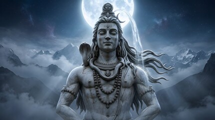 Fototapeta premium Lord Shiva stone statue meditating under full moon in snowy mountains