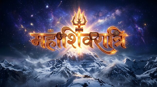 Maha Shivaratri golden text with trishul above snowy Mount Kailash