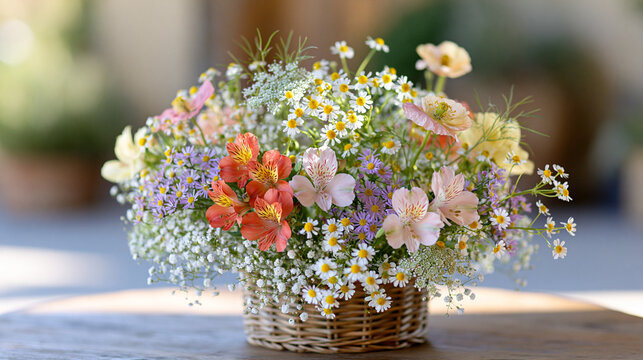 A refined, sophisticated, and delicately minimal wild-garden style floral arrangement [on ground basquet]. The arrangement is designed with an intentionally sparse, airy, and elega