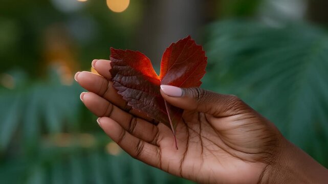 Closeup of a hand holding a red autumn leaf shaped like a heart for seasonal background and nature banner design