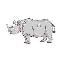A charming hand-drawn digital illustration of a cute, friendly rhinoceros with blushing rosy cheeks. Designed in a soft, whimsical cartoon style on a clean white background, perfect for nursery decor, © Intan
