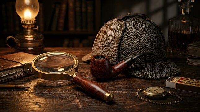 Vintage detective desk with deerstalker hat magnifying glass and tobacco pipe in a dark study