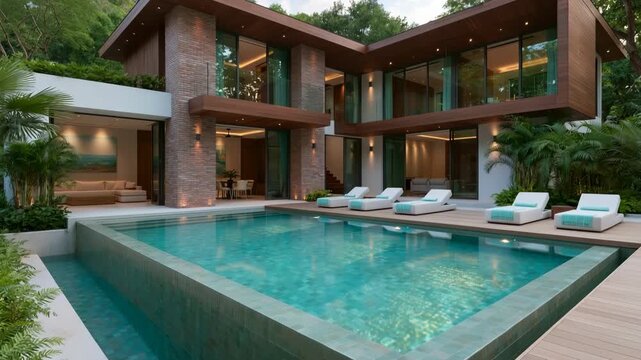Modern luxury two story villa with inset swimming pool and wood deck for upscale background and real estate banner design