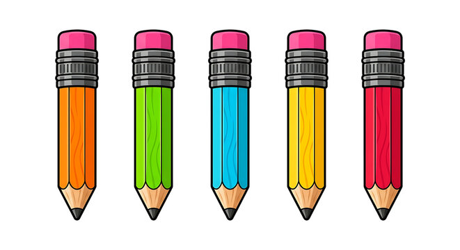 Set of colorful wooden pencils with erasers isolated on transparent background for creative design and education projects