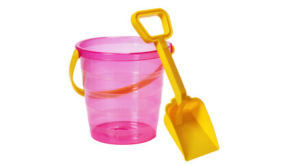 Pink translucent bucket with yellow shovel, isolated on transparent background © Veaceslav