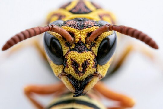 Macro headshot of a yellow and brown size-changing hero with large black eyes and antennae
