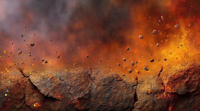 Fiery Eruption with Rocks and Lava in an Explosive Volcanic Landscape at Sunset