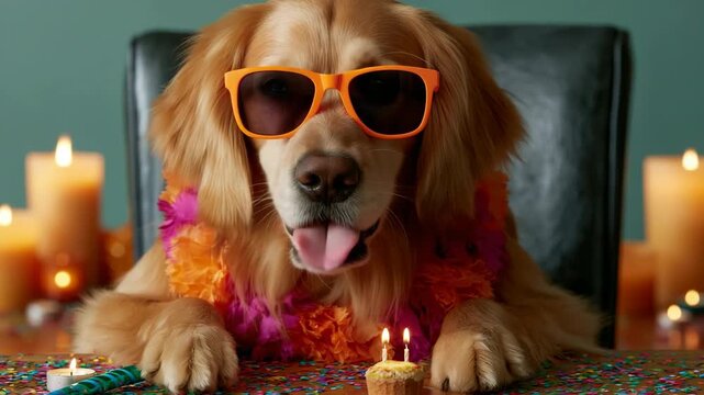 Golden retriever wearing orange sunglasses and floral lei with cupcake and candles for cheerful birthday party background or banner design