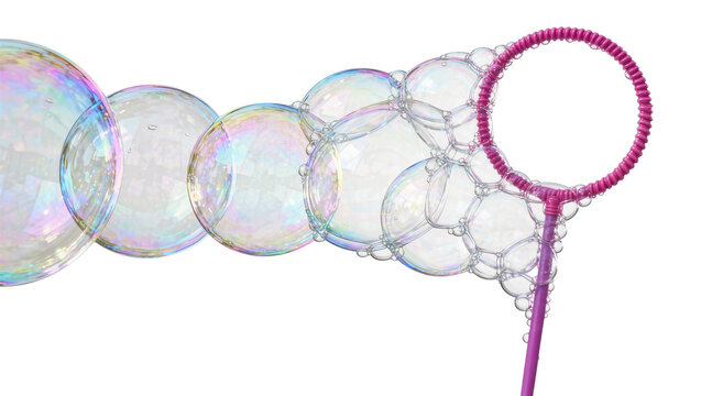 Pink bubble wand creating iridescent soap bubbles, isolated on transparent background