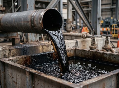 Crude Oil Flowing into Container: Thick, black crude oil is poured from a large industrial pipe into a metal container, highlighting the raw energy extraction process in a raw, industrial setting.