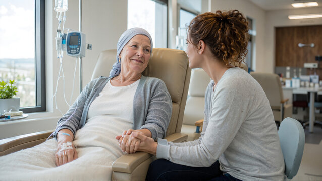 Elderly woman receiving support during cancer treatment with daughter by her side in hospital room. Cancer care includes emotional connection and encouragement between mother and daughter.