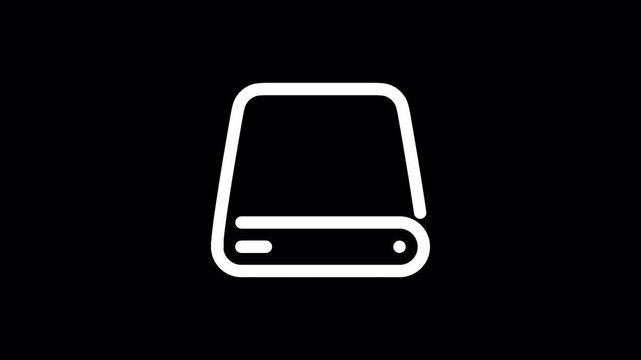 Minimalist hard drive icon animation, white line art data storage symbol on black background, digital memory and hardware backup concept on alpha channel