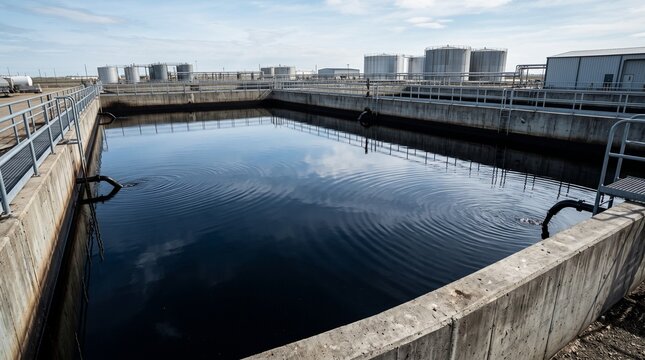 Wastewater Treatment Plant: Large concrete basins hold dark water within an industrial facility, with storage tanks visible in the background under a cloudy sky.