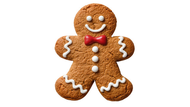 Smiling gingerbread man cookie with red bow tie and white icing, isolated on transparent background