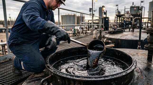 Oil Industry Worker Sampling: A worker in protective gear meticulously samples crude oil at an industrial facility, highlighting the complex processes of the energy sector.