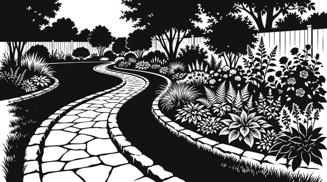 Sculptured garden landscape illustration. Black and white stencil art. Winding stone path with lush foliage and trees. Retro park scenery. Decorative vector design.