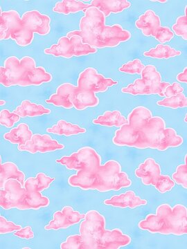 Soft pink and blue pastel clouds bear vector pattern, fuzzy, illustration