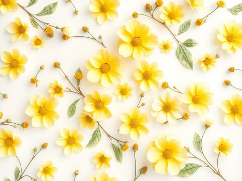 Soft pastel floral pattern featuring delicate yellow and green blooms on a crisp white background, Pattern, Garden