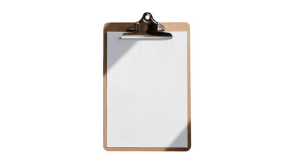 Wooden clipboard with blank white paper and metal clip, isolated on transparent background
