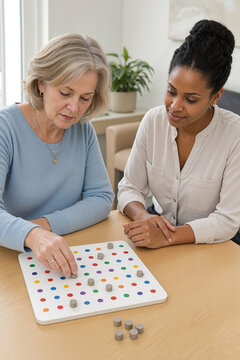 Engaging memory activity with elderly woman and caregiver using colorful puzzle pieces. Cognitive memory exercise involves interaction between caregiver and elderly individual.