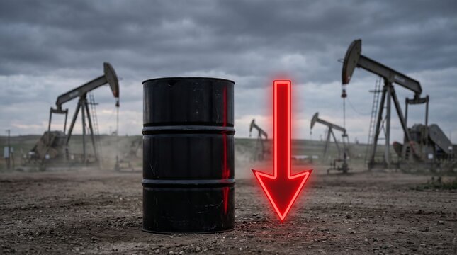 Oil Barrel with Downward Arrow: A dark oil barrel stands prominently in a dusty field, juxtaposed with pumpjack machines and a vibrant red arrow pointing downwards.
