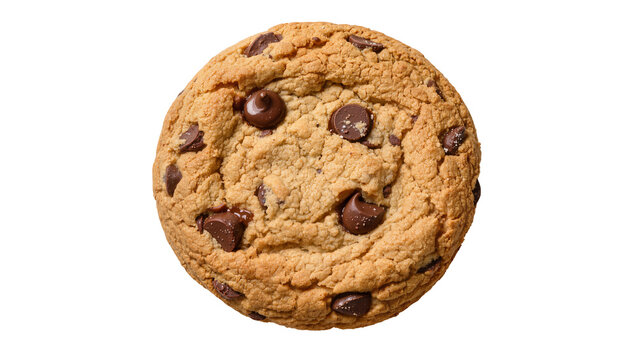 Round golden brown chocolate chip cookie with dark brown chips, isolated on transparent background