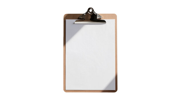 Wooden clipboard with blank white paper and metal clip, isolated on transparent background