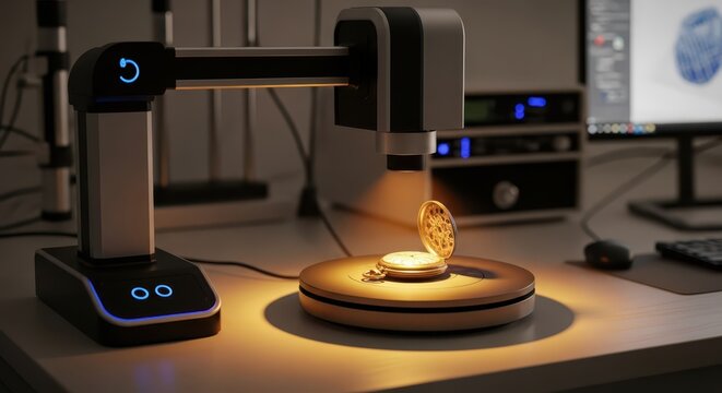 High-tech microscope examining an antique pocket watch in a modern laboratory setting with computer monitor and equipment
