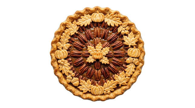 Fresh baked apple pie with decorative crust leaves on top view isolated on transparent background