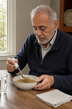 Senior man enjoying soup at dining table, focused on meal while holding spoon. Meal includes warm soup in bowl, accompanied by glass of water and napkin. Concept of healthy eating and elderly care.